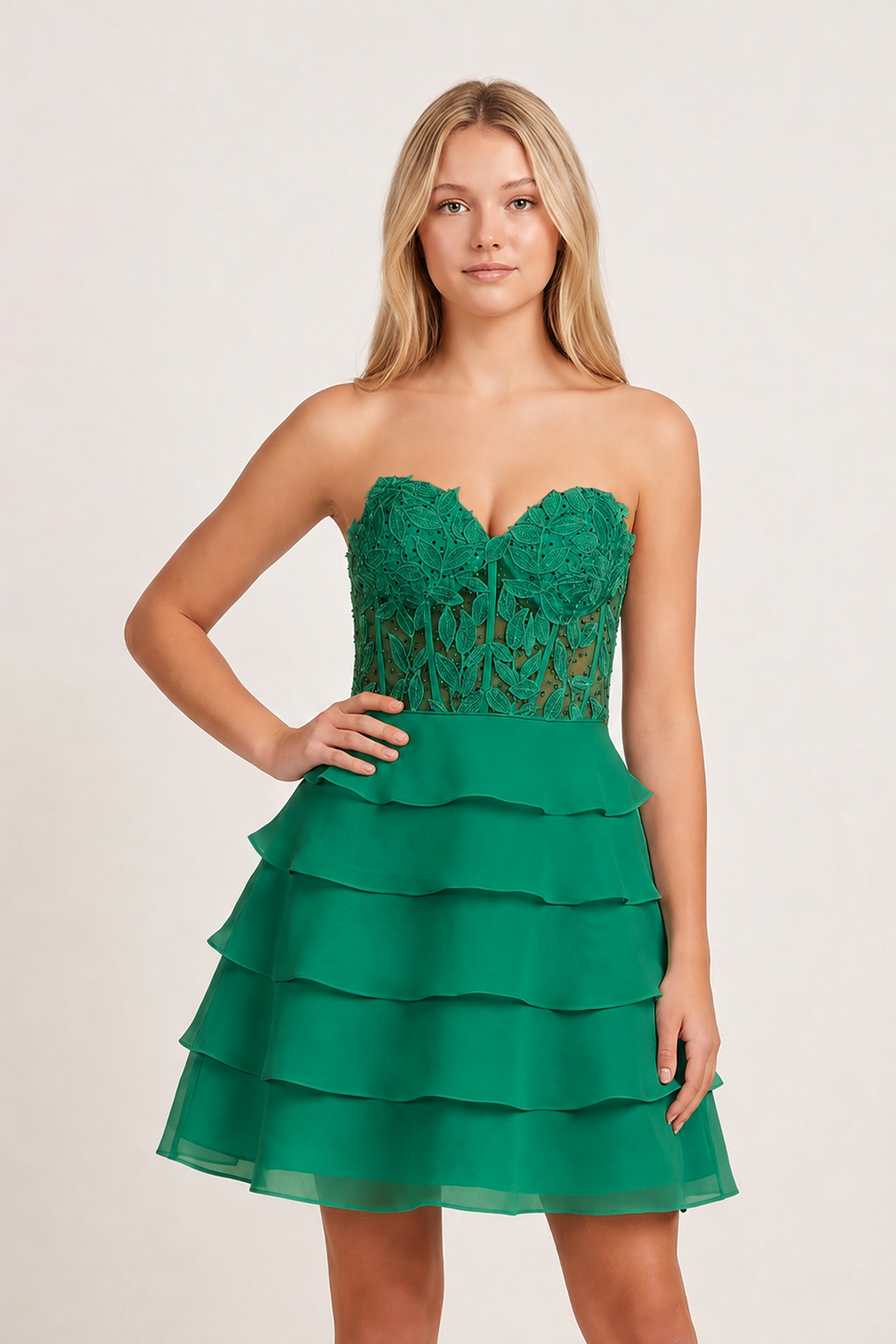 Green A-Line Strapless Tiered Corset Short Homecoming Dress with Appliques - KISSPROM