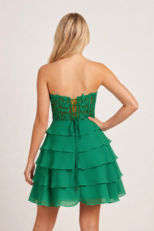 Green A-Line Strapless Tiered Corset Short Homecoming Dress with Appliques - KISSPROM