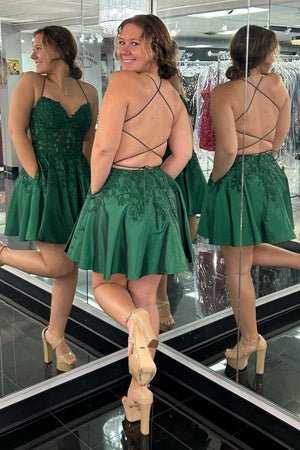 Green Appliques Sweetheart Lace-Up A-Line Short Party Dress Green / 14