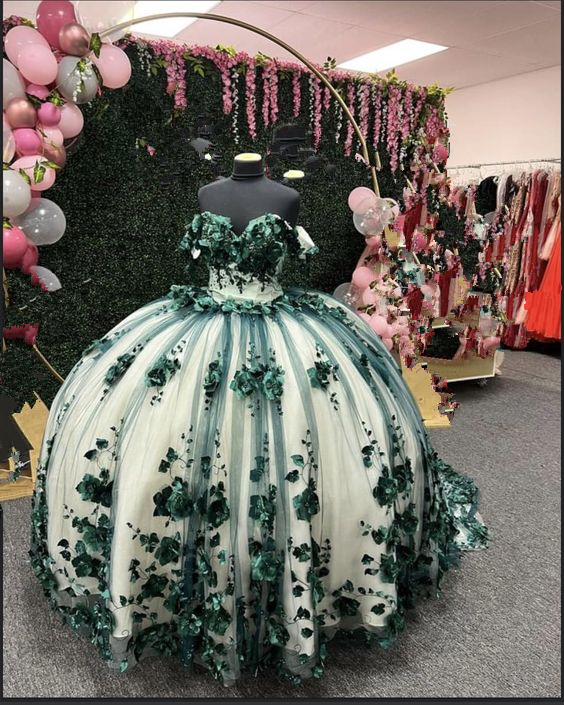 Green Ball Gown Off Shoulder 3D Flowers Beads Applique Quinceanera Dresses