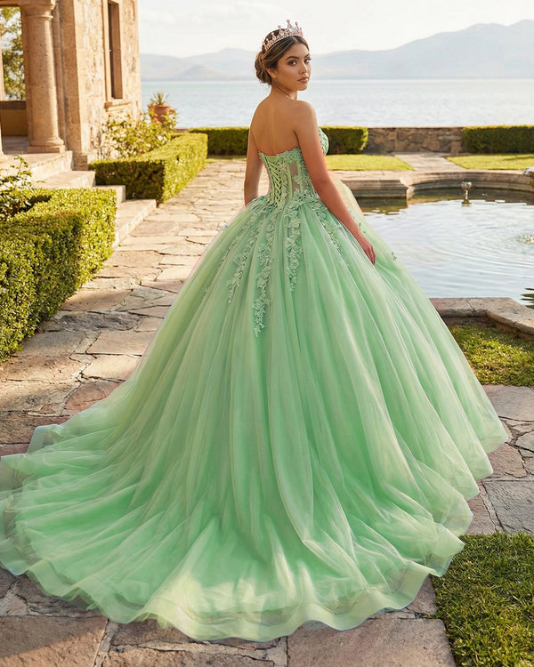 Green Ball-Gown Tulle 3D Flowers Sweetheart Quinceanera Dresses (2) | KISSPROM
