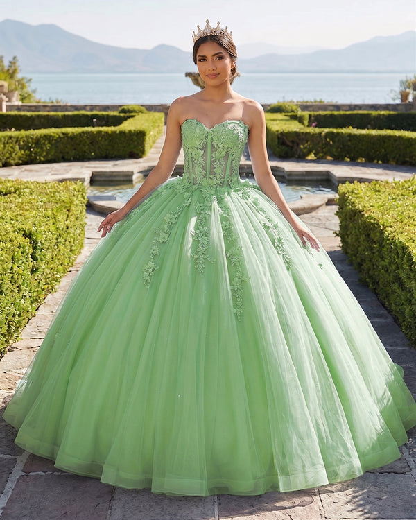 Green Ball-Gown Tulle 3D Flowers Sweetheart Quinceanera Dresses | KISSPROM