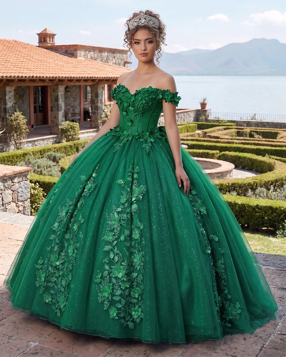 KissProm Big Bow Floral Flower Lace Applique Off Shoulder Ball Gown Quinceanera Dresses, Green / 2