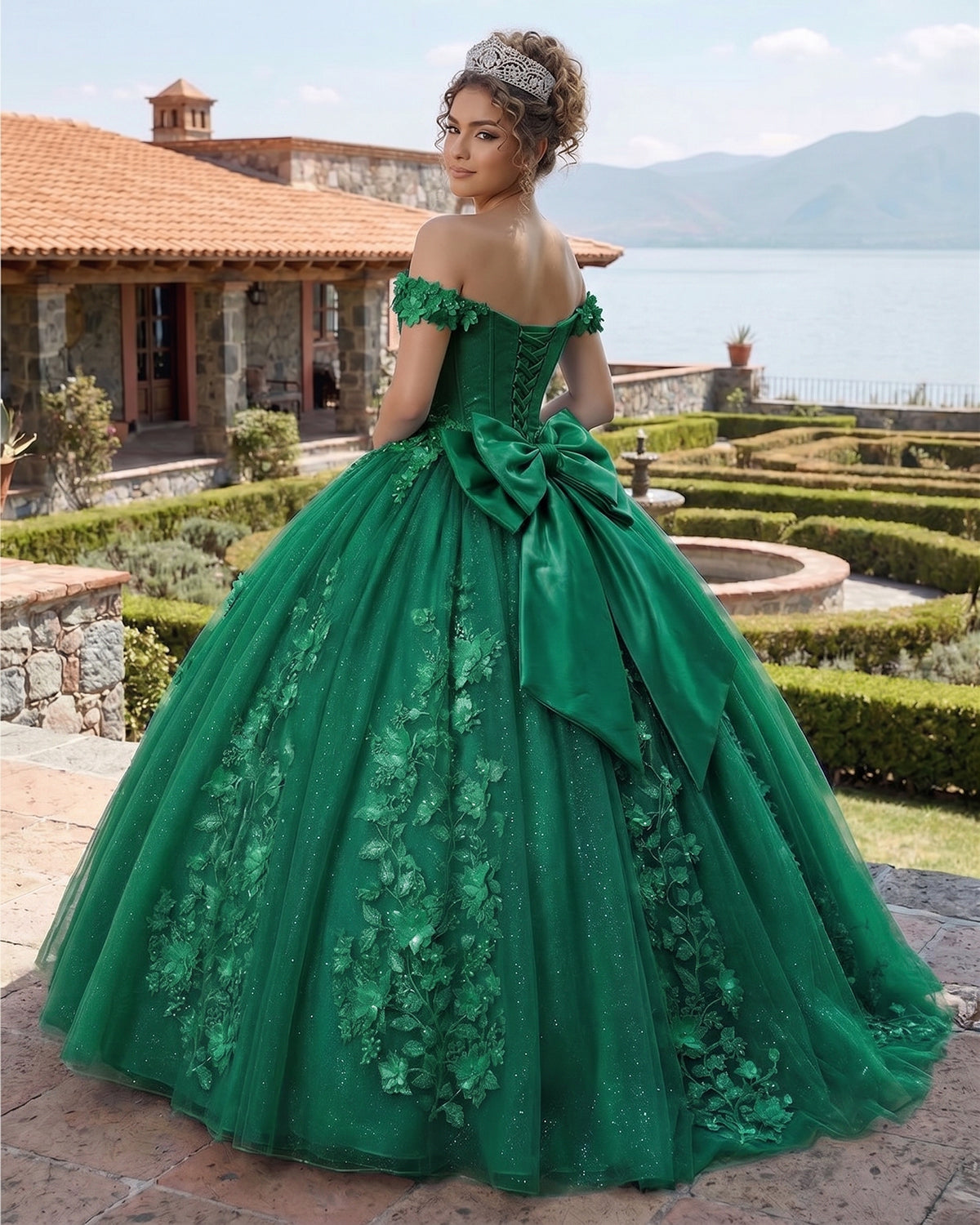 KissProm Big Bow Floral Flower Lace Applique Off Shoulder Ball Gown Quinceanera Dresses, Green / 2