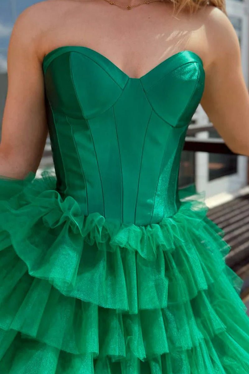 KissProm-Harmony Green A-Line Sweetheart Tiered Tulle Prom Dress with Slit