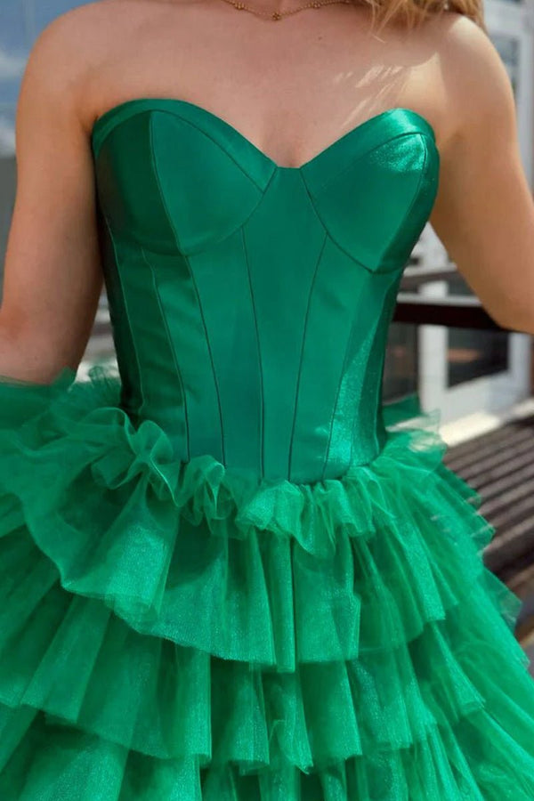 KissProm-Harmony Green A-Line Sweetheart Tiered Tulle Prom Dress with Slit