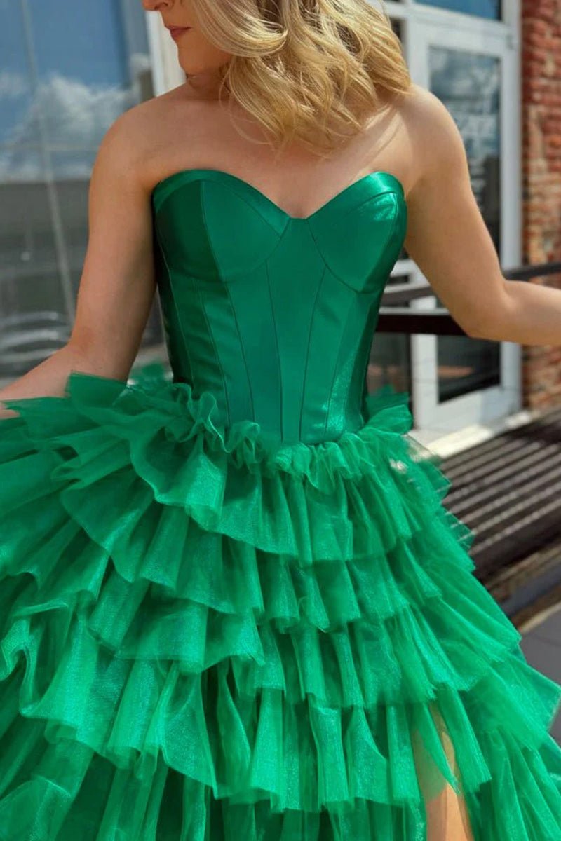 KissProm-Harmony Green A-Line Sweetheart Tiered Tulle Prom Dress with Slit