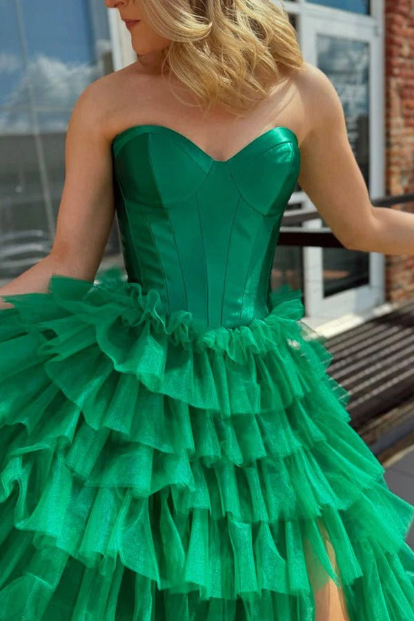 KissProm-Harmony Green A-Line Sweetheart Tiered Tulle Prom Dress with Slit