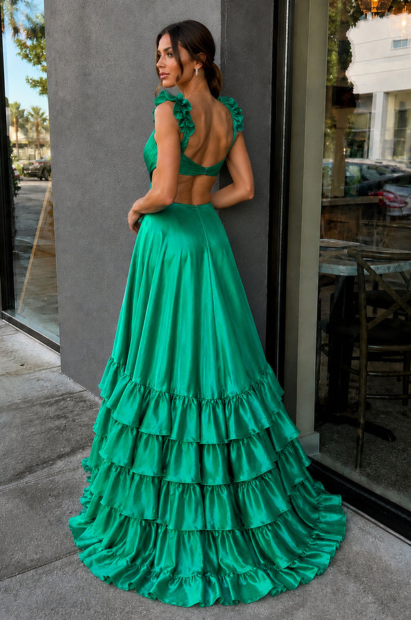 Green Cutout Ruffle A-Line Long Prom Dress with Slit - KissProm 