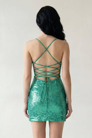 Green Fitted Bateau Spaghetti Straps Fully Sequined Lace-Up Mini Party Dresses - KISSPROM