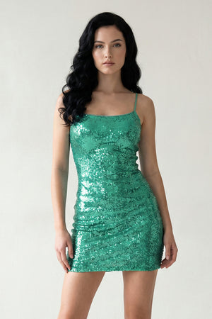 Green Fitted Bateau Spaghetti Straps Fully Sequined Lace-Up Mini Party Dresses - KISSPROM