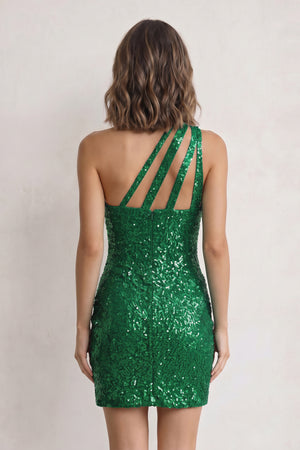 Green Sheath One Shoulder Sequins Mini Party Dresses - KISSPROM
