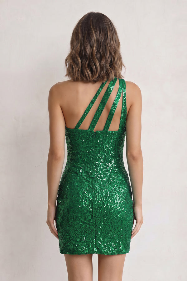Green Sheath One Shoulder Sequins Mini Party Dresses - KISSPROM