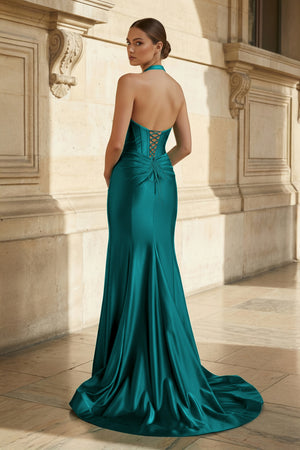 KissProm-Green-Josie | Navy Halter Corset Mermaid Plunging Deep V-neck Ruched Long Formal Dress with Slit