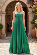 Green Halter Pleated Satin A Line Prom Dresses With Cutout | KISSPROM