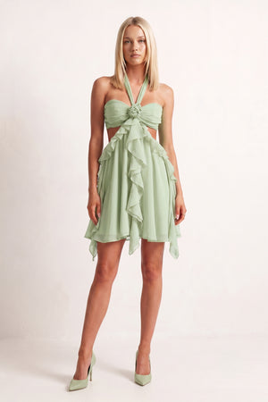Green Halter Ruffled A-Line Cut-Out Chiffon Homecoming Dress with 3D Flower | KISSPROM