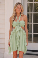 Green Halter Ruffled A-Line Cut-Out Chiffon Homecoming Dress with 3D Flower | KISSPROM
