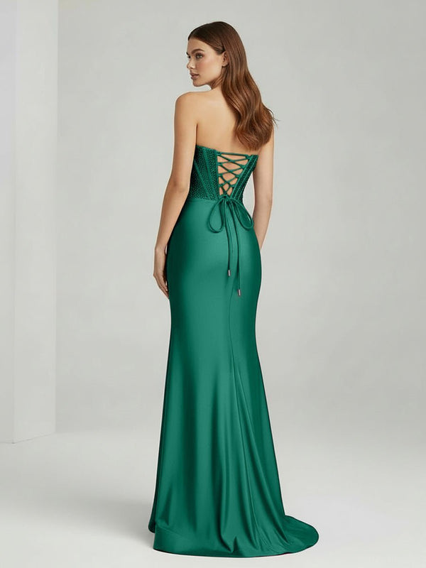 Green Mermaid Strapless Satin Long Party Dress With Beading (2) | KISSPROM