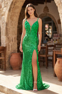 Green Mermaid V Neck Sequins Prom Dress with Slit | KISSPROM