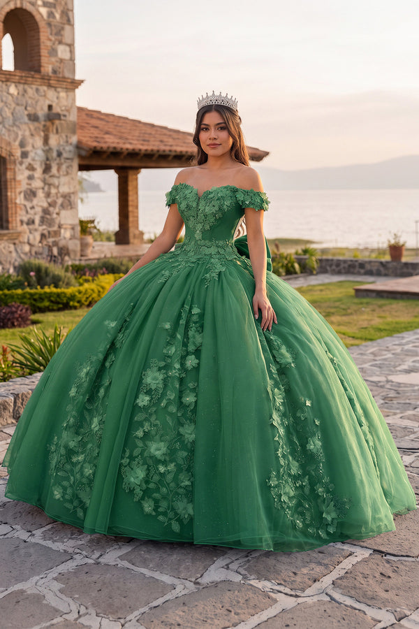 Green Off Shoulder 3D Floral Applique Quinceanera Dresses (2) | KISSPROM