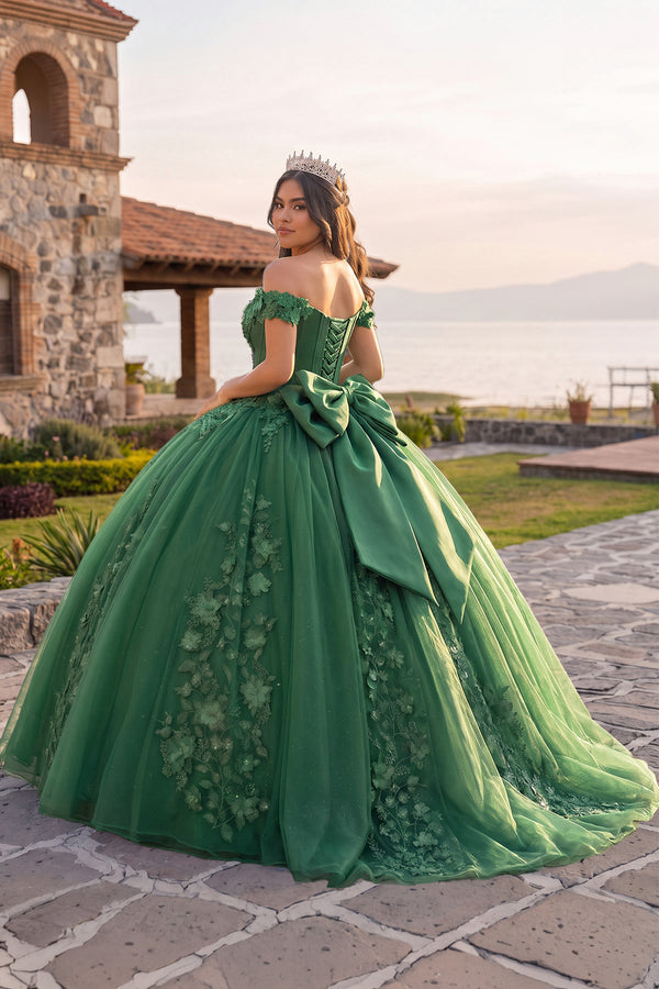 Green Off Shoulder 3D Floral Applique Quinceanera Dresses | KISSPROM