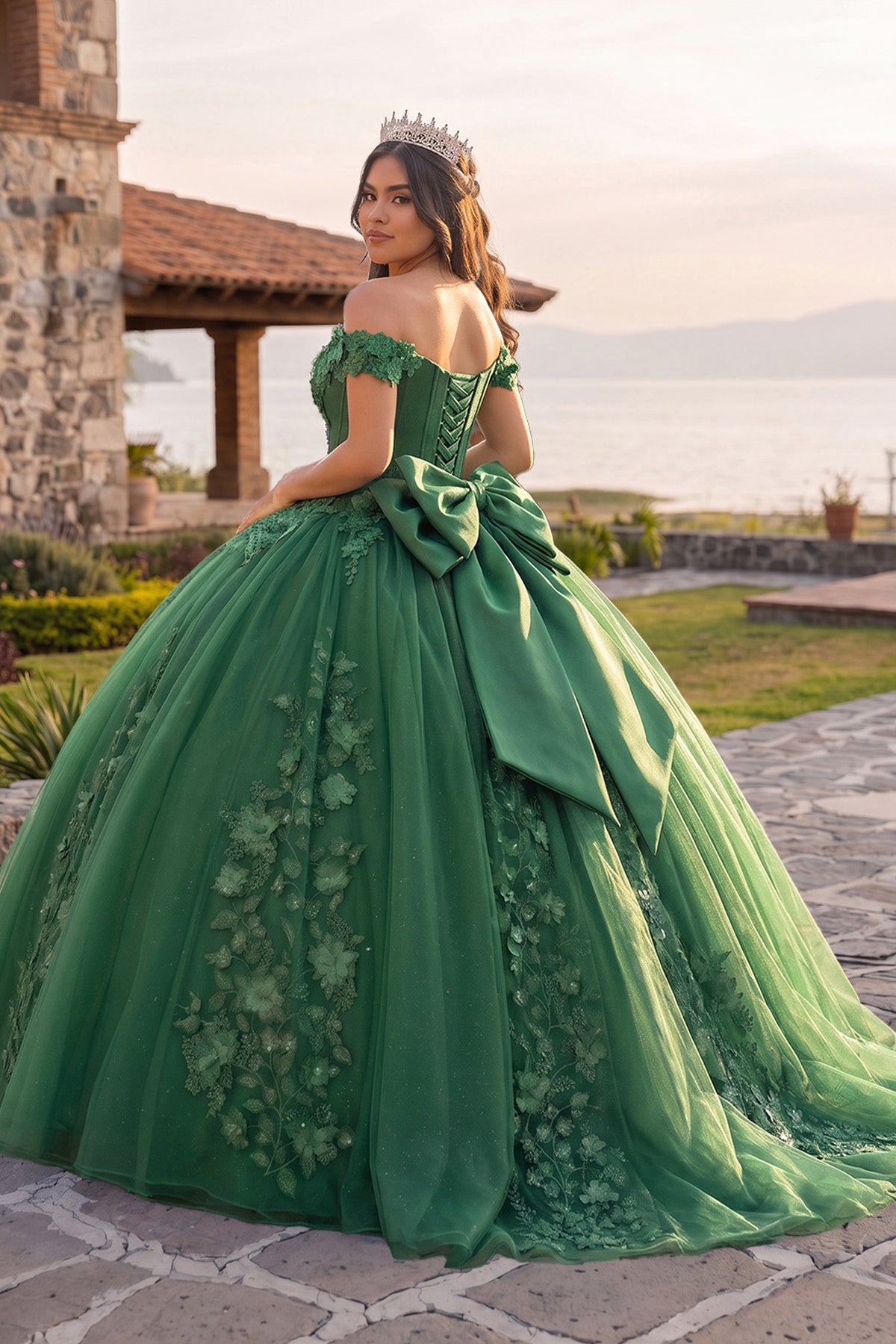 KissProm Off Shoulder 3D Floral Applique Quinceanera Dresses, Green / 12