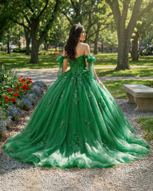 Green Off Shoulder Tulle Quinceanera Dresses With Lace Appliques (2) | KISSPROM