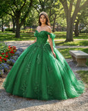 Green Off Shoulder Tulle Quinceanera Dresses With Lace Appliques | KISSPROM