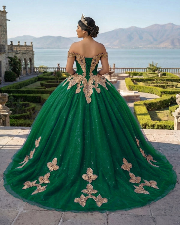Green Off the Shoulder Quinceanera Dresses with Appliques (2) | KISSPROM