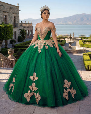 Green Off the Shoulder Quinceanera Dresses with Appliques | KISSPROM