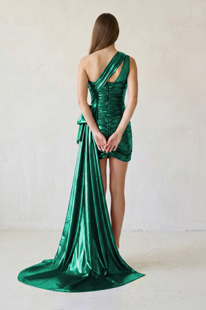 Green Metallic One-Shoulder Ruched Homecoming Dress - KISSPROM