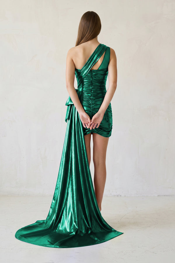 Green Metallic One-Shoulder Ruched Homecoming Dress - KISSPROM