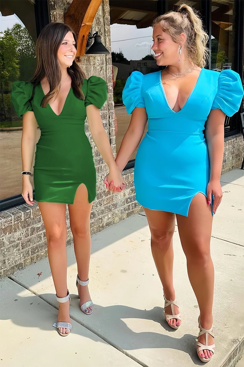 Cobalt Blue Plunge V Bodycon Short Dress with Puff Sleeves