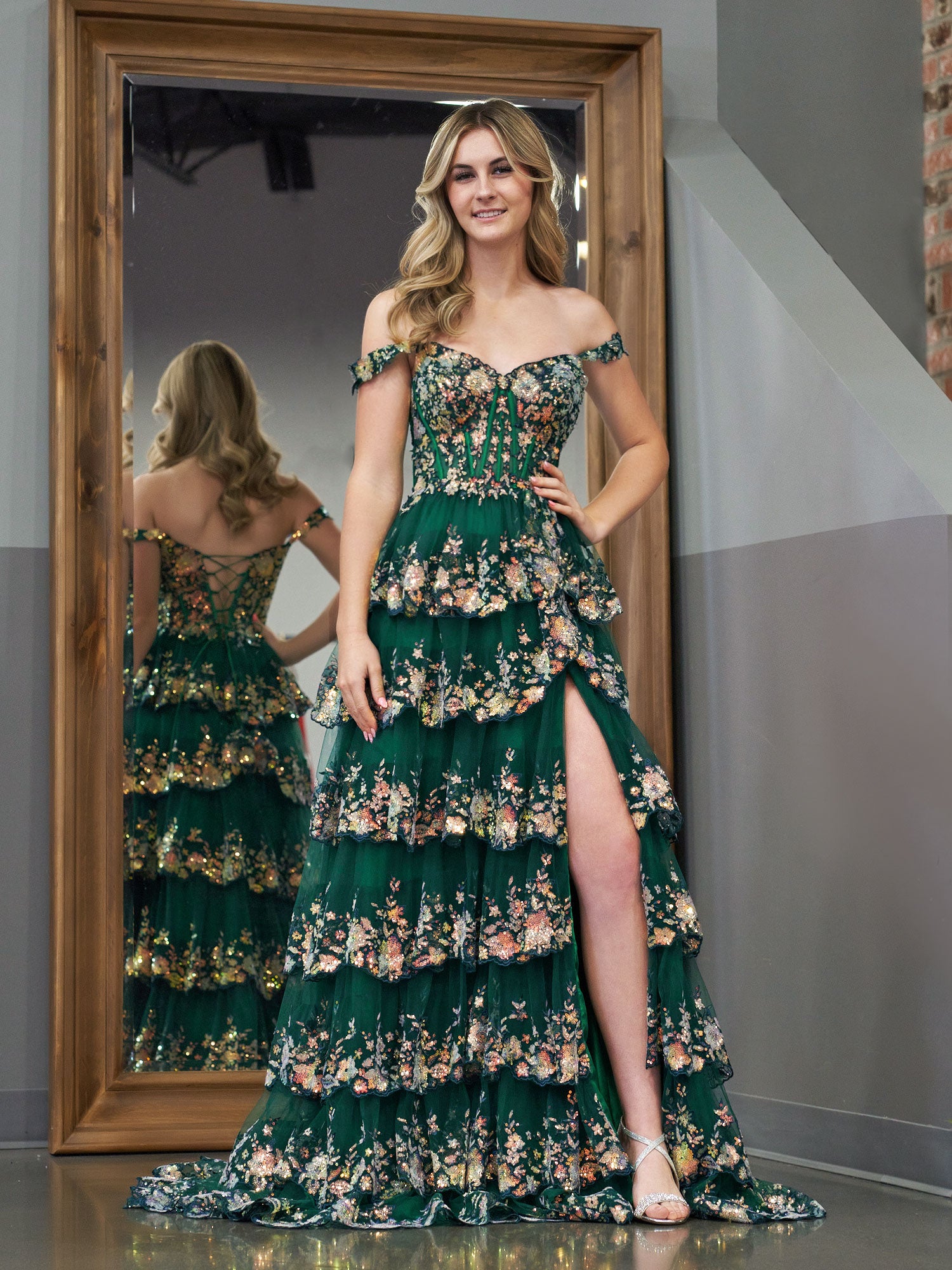 Green Princess A Line Off the Shoulder Corset Prom Dress with Lace Ruffles