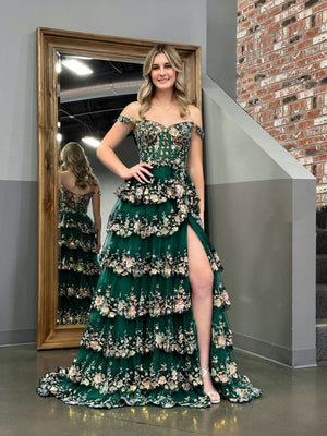 KissProm-Capri Green A-Line Lace Off-The-Shoulder Tiered Long Prom Dress With Slit