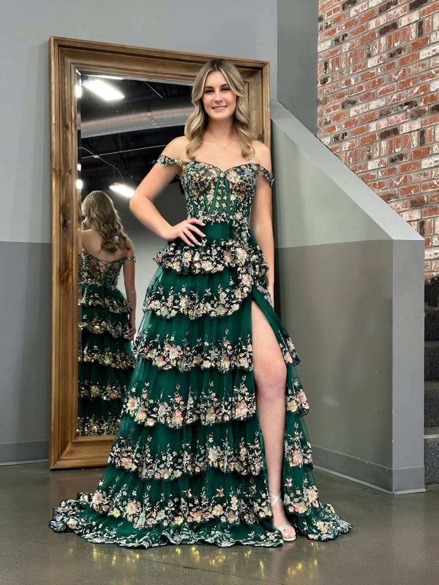 green corset prom dresses KissProm Princess A Line Off the Shoulder Dress with Lace Ruffles, / 00 sa_okendo_apparel Size:20 1/2 36/37 Sheer Boned Bodice Drop Waist Dress COSTA