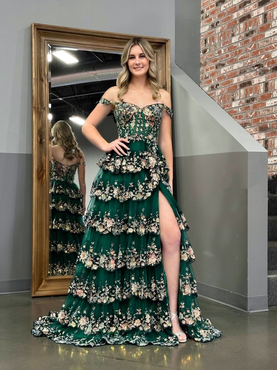 Green Princess A Line Off The Shoulder Corset Prom Dress with Lace Ruffles Green / 8 Green Princess A Line Off The Shoulder Corset Prom Dress with Lace Ruffles Green / 8