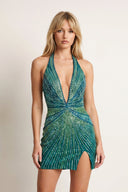 Green Sheath Halter Beaded Mini Party Dresses with Slit - KissProm