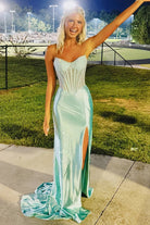 Ellison | Aqua - Mermaid Scoop Neck Satin Beaded Long Formal Prom Dresses With Slit - KissProm