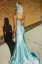 Ellison | Aqua - Mermaid Scoop Neck Satin Beaded Long Formal Prom Dresses With Slit - KissProm