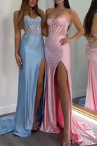 Ellison | Pink- Mermaid Scoop Neck Satin Beaded Long Formal Prom Dresses With Slit - KissProm