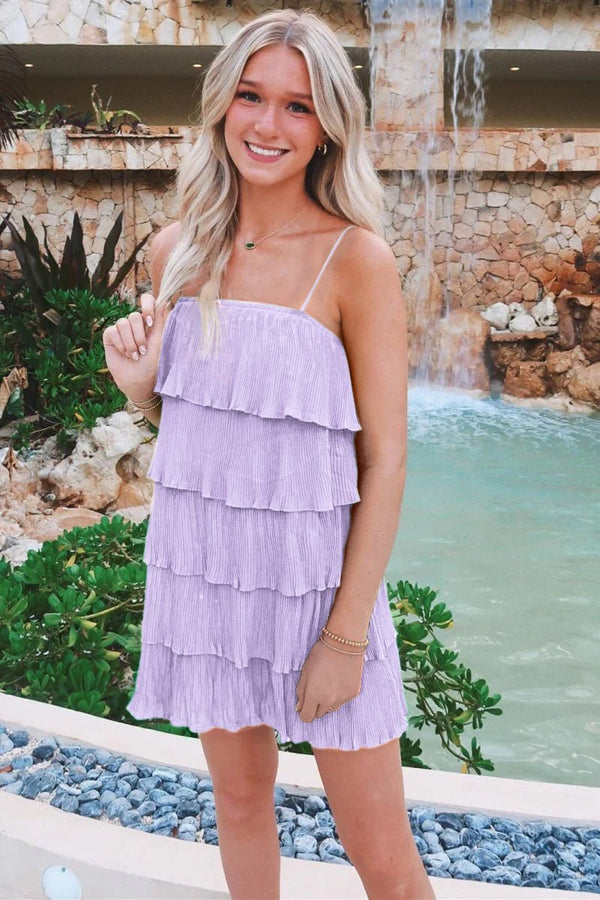 Poppy | Green Spaghetti Strap Ruffle Tiered Pleated Party Dress