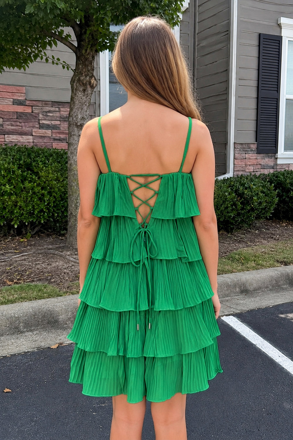 Green Spaghetti Strap Ruffle Tiered Pleated Party Dress – Homecoming Dresses by KissProm | Available at KissProm