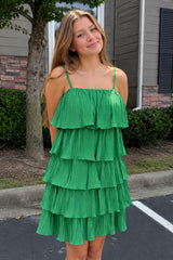 Green Spaghetti Strap Ruffle Tiered Pleated Party Dress