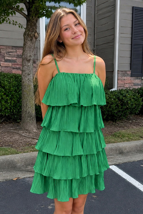 Green Spaghetti Strap Ruffle Tiered Pleated Party Dress