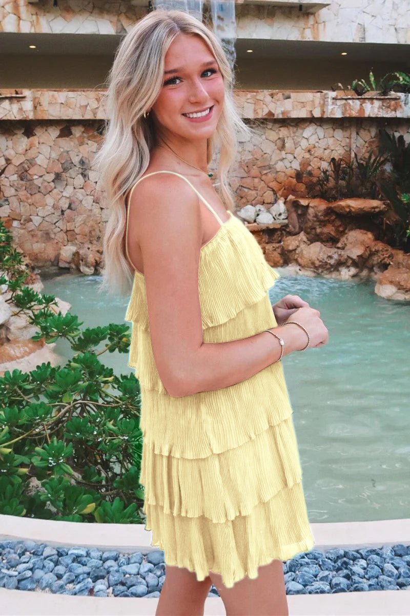 Poppy | Green Spaghetti Strap Ruffle Tiered Pleated Party Dress