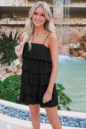 Poppy | Green Spaghetti Strap Ruffle Tiered Pleated Party Dress