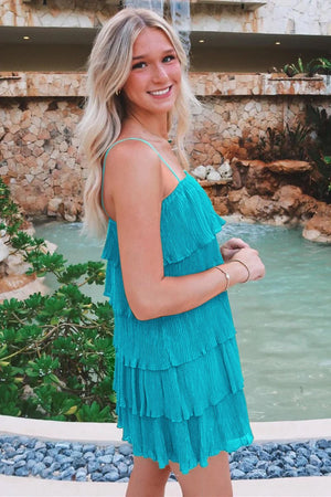 Poppy | Green Spaghetti Strap Ruffle Tiered Pleated Party Dress