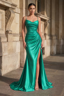 Green Spaghetti Straps Mermaid Satin Slit Prom Dresses | KISSPROM