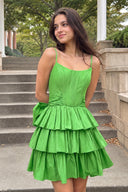Green Spaghetti Straps Satin A-Line Ruffled Short Corset Homecoming Dress with Bow | KISSPROM